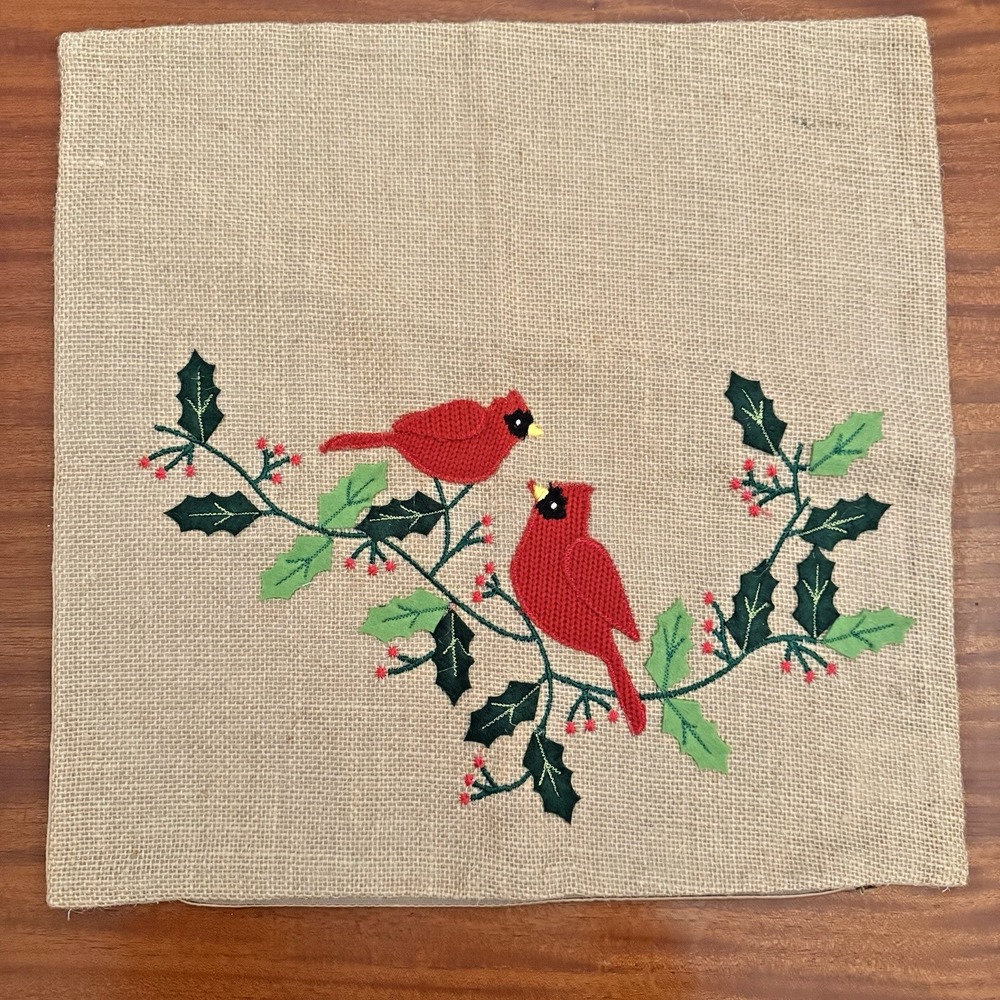 Burlap Pillow Cover Embroidered Cardinals & Holly‎ Berries – 15.5" Christmas